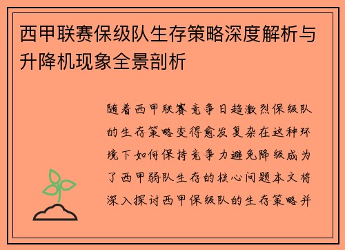 西甲联赛保级队生存策略深度解析与升降机现象全景剖析