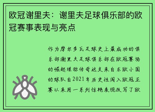 欧冠谢里夫：谢里夫足球俱乐部的欧冠赛事表现与亮点