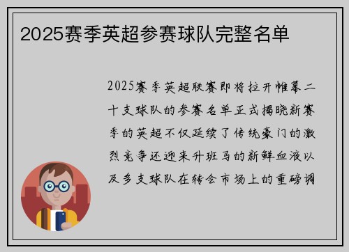 2025赛季英超参赛球队完整名单