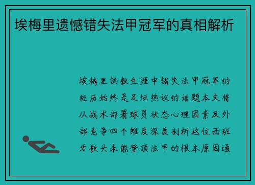 埃梅里遗憾错失法甲冠军的真相解析