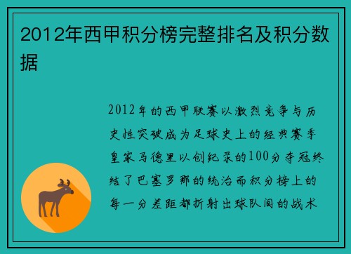 2012年西甲积分榜完整排名及积分数据