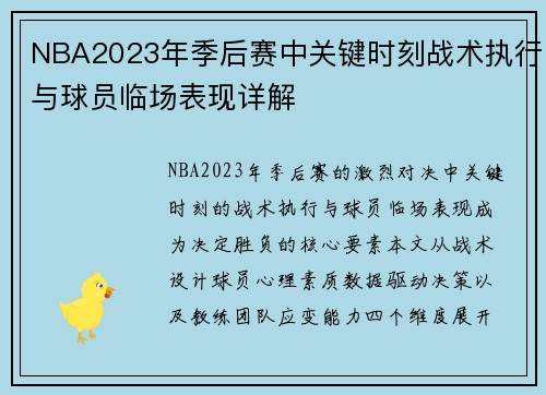 NBA2023年季后赛中关键时刻战术执行与球员临场表现详解